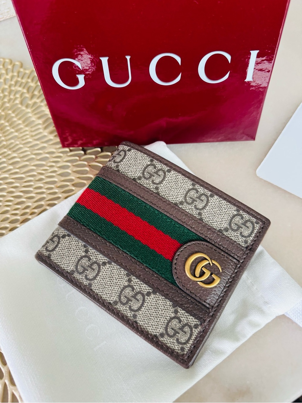 Gucci Beige GG Supreme Men’s Wallet  with Green-Red Web and Gold GG